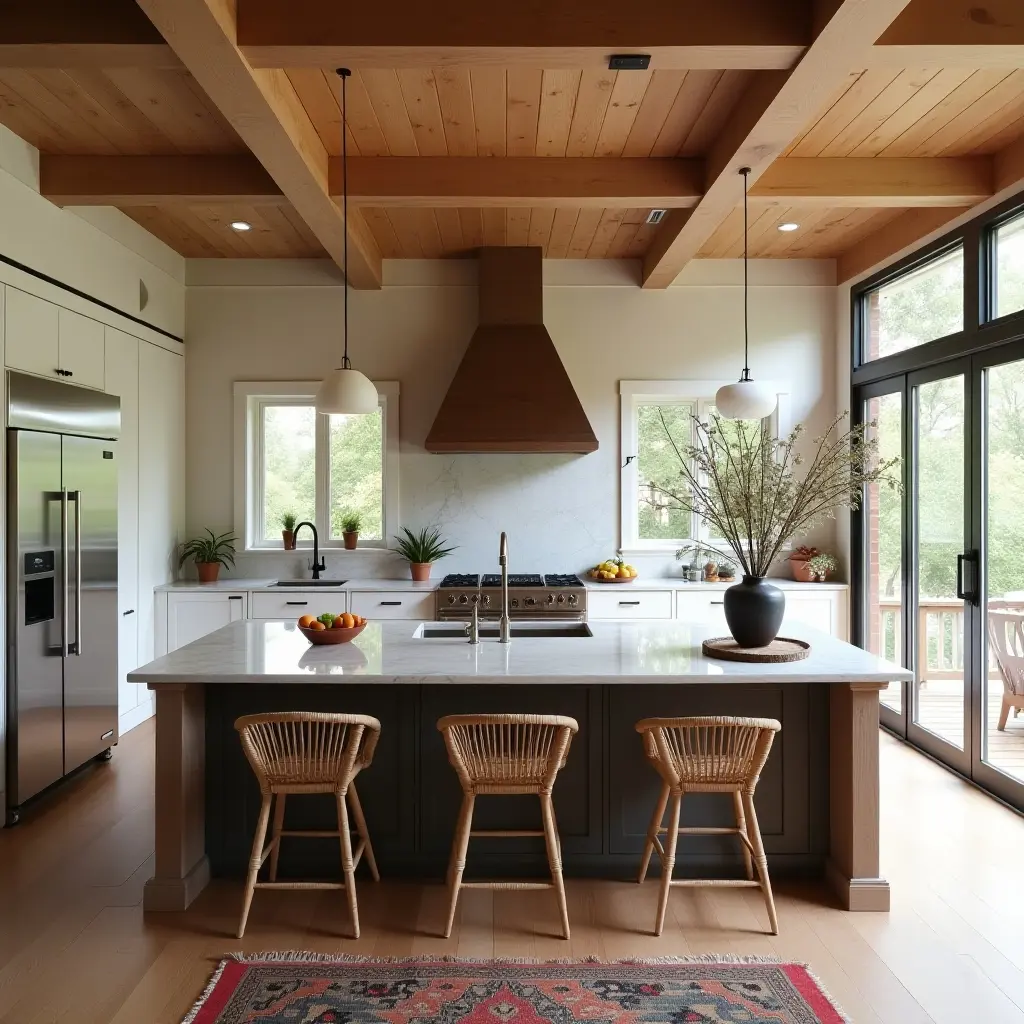 a photo of a spacious boho kitchen with a large island and eclectic seating