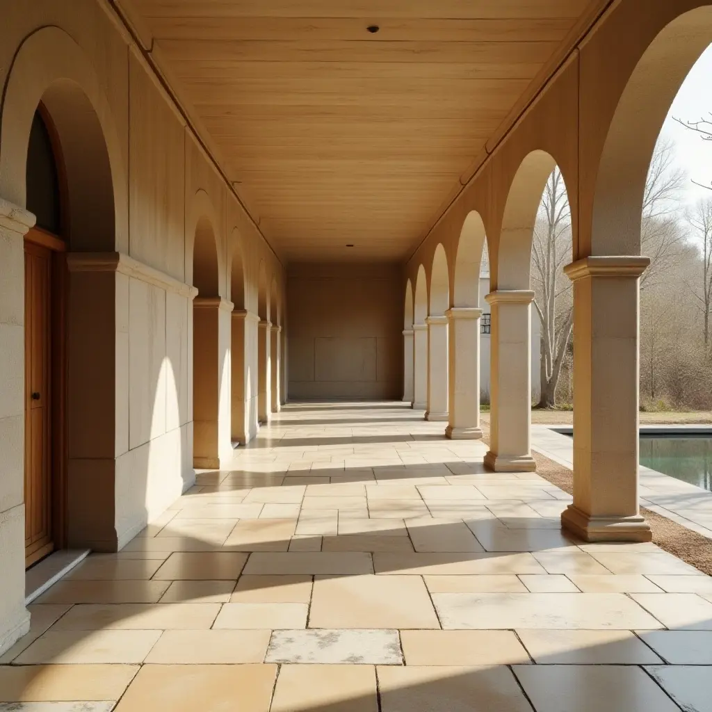 a photo of a serene corridor with natural stone flooring and soft lighting
