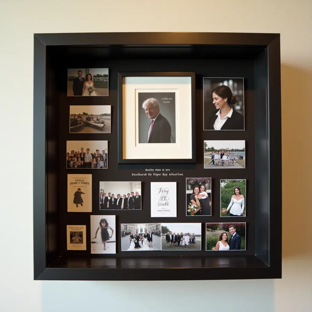 a photo of a shadow box filled with memorabilia and photos from a special event