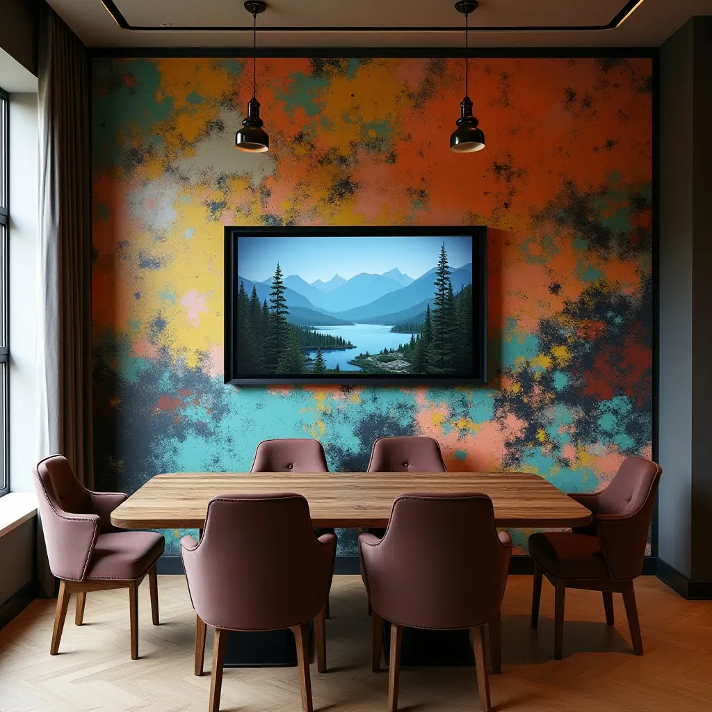 a photo of a dining area with a TV incorporated into an artistic mural