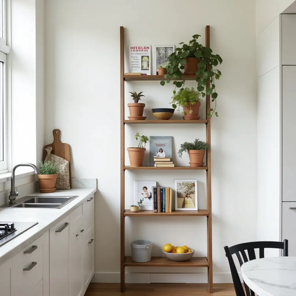 a photo of a small kitchen with a ladder shelf for cookbooks and plants