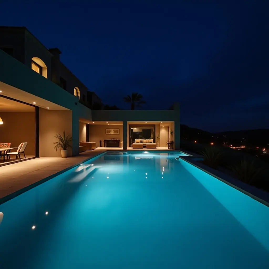 a photo of a stylish pool area with elegant lighting and sleek design