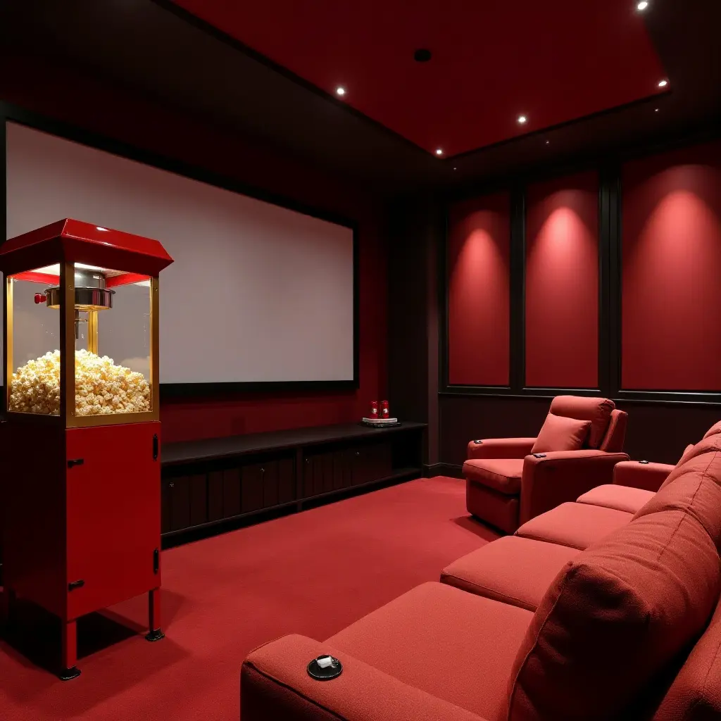 a photo of a TV room designed for movie nights with a popcorn machine
