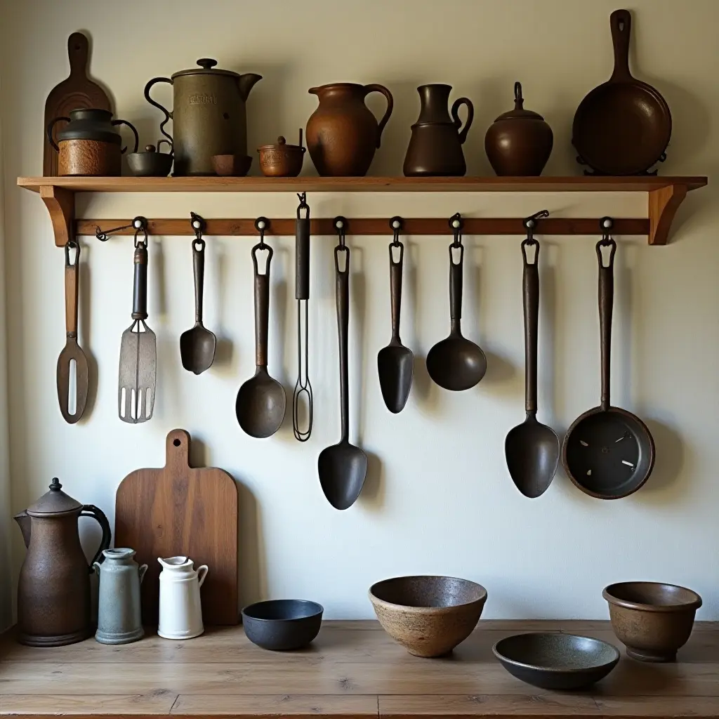 a photo of a kitchen with antique utensils displayed on the wall