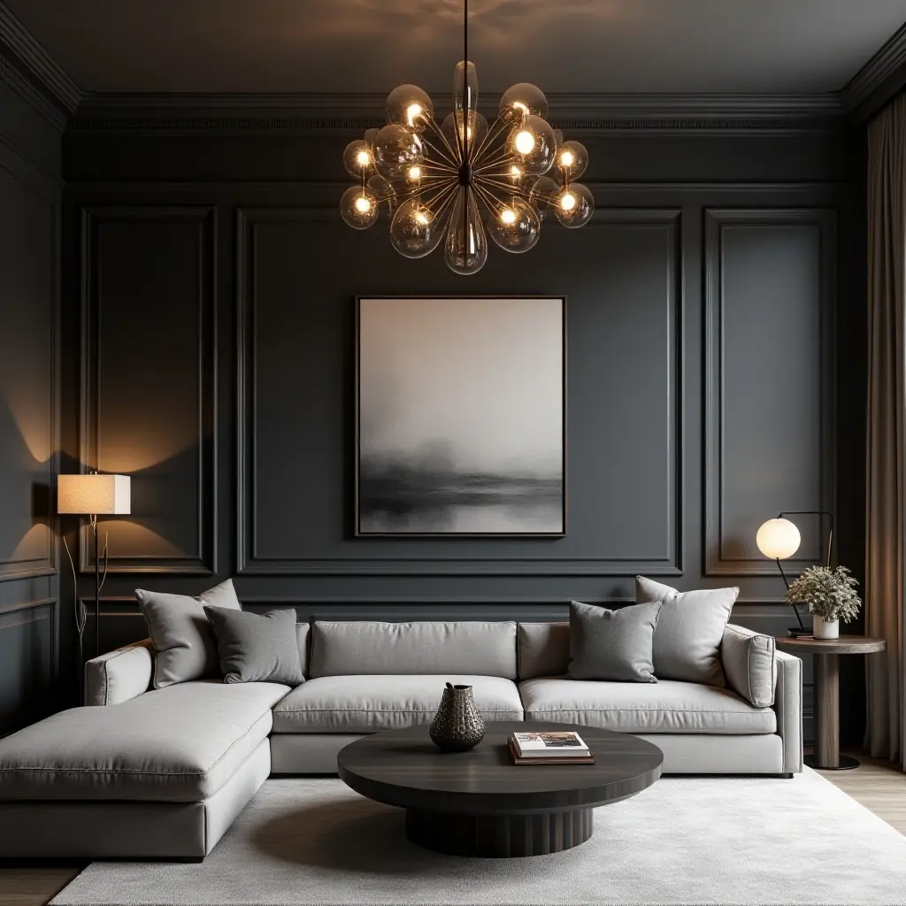 a photo of an elegant dark grey living room with a statement chandelier and stylish artwork