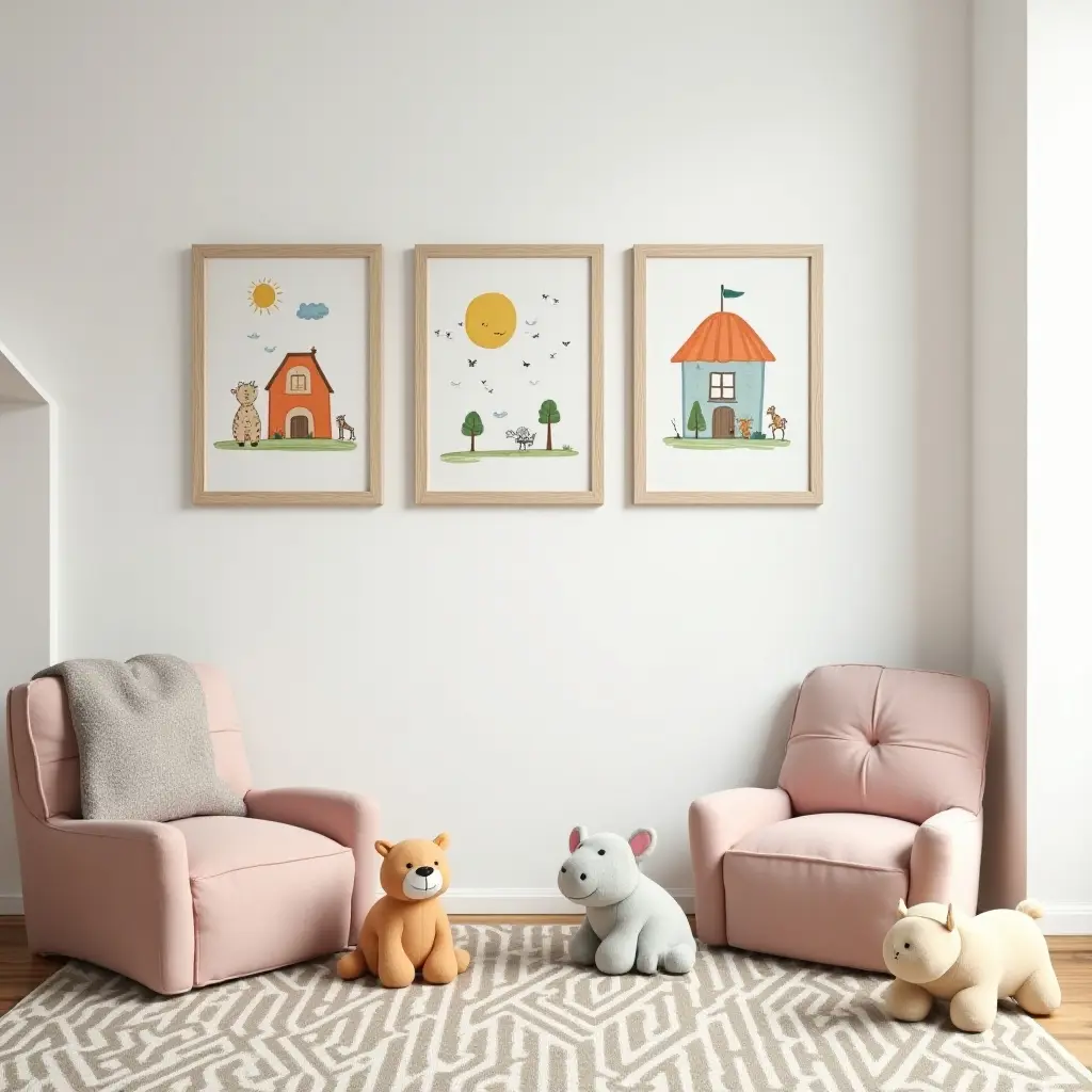 a photo of a wall of framed children's art in a playroom