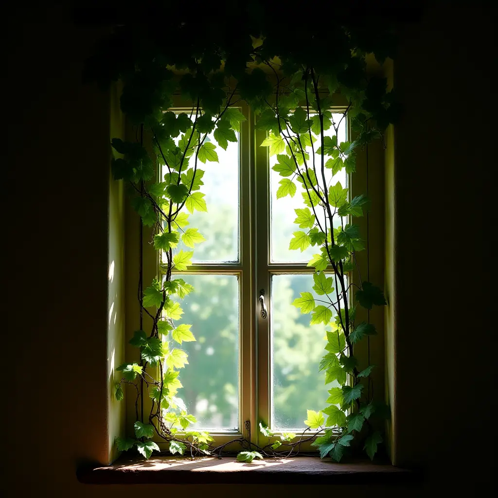 a photo of a bedroom window filled with cascading vines