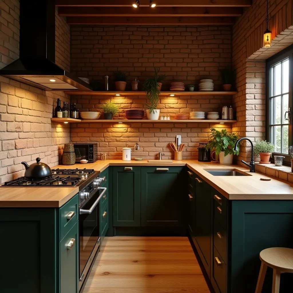 a photo of a small kitchen with exposed brick walls and warm lighting