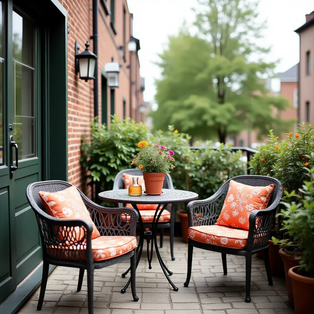 a photo of a balcony showcasing a vintage patio set and colorful cushions