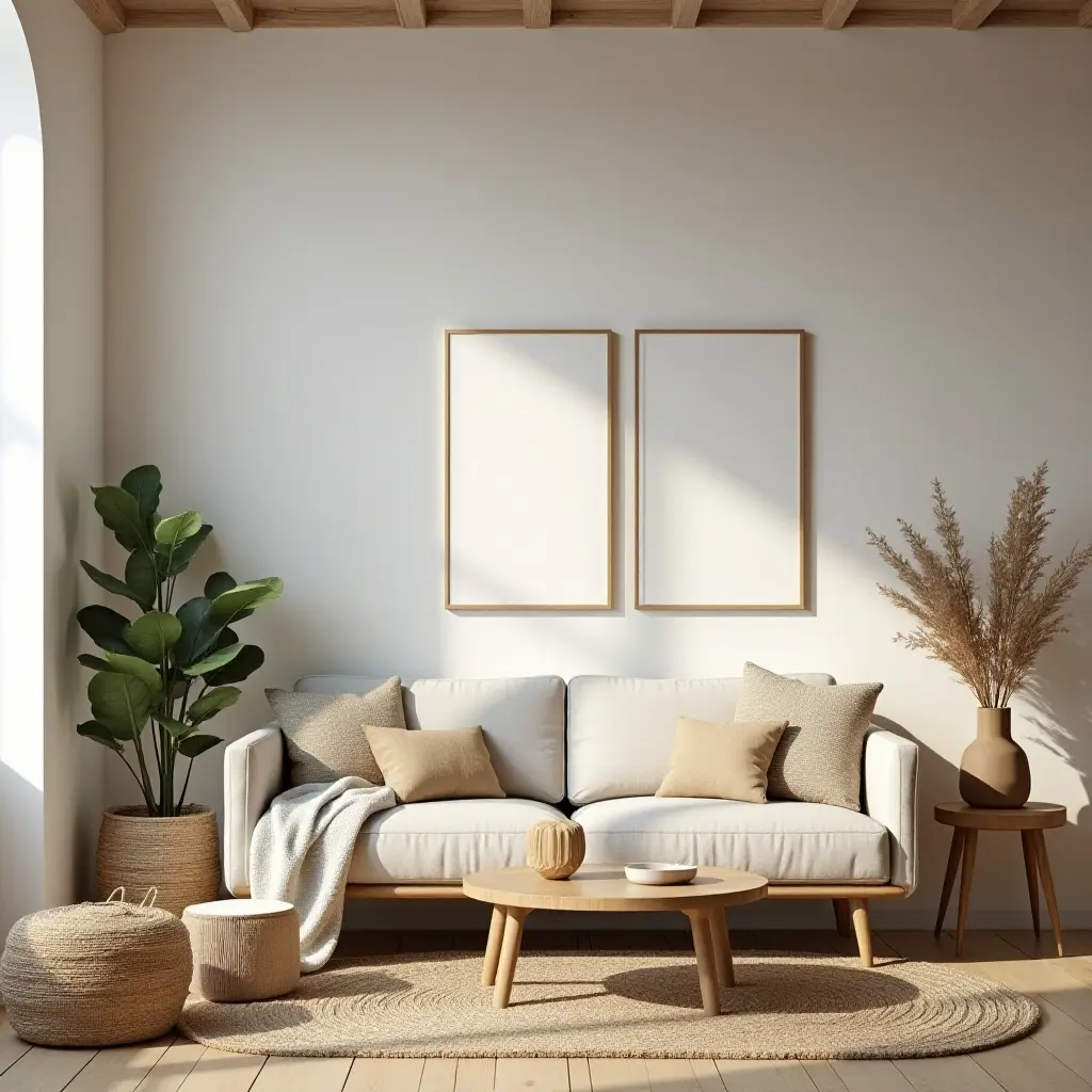 a photo of a living room with natural wood accents and woven baskets