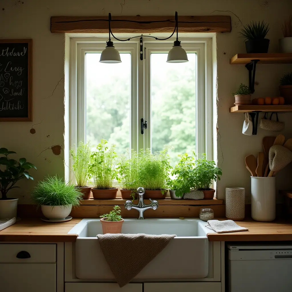 a photo of a kitchen with a herb garden on the windowsill and rustic decor