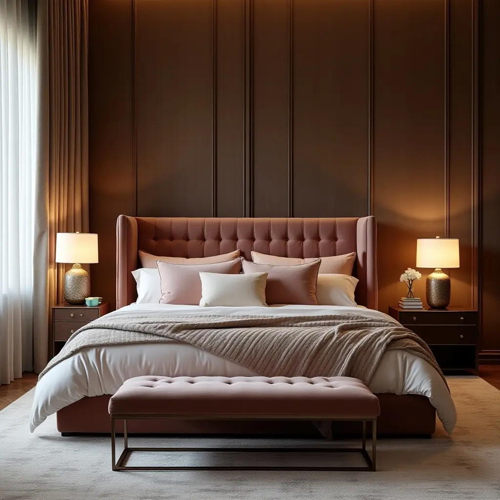 a photo of a luxurious master bedroom with a velvet upholstered bed and silk bedding
