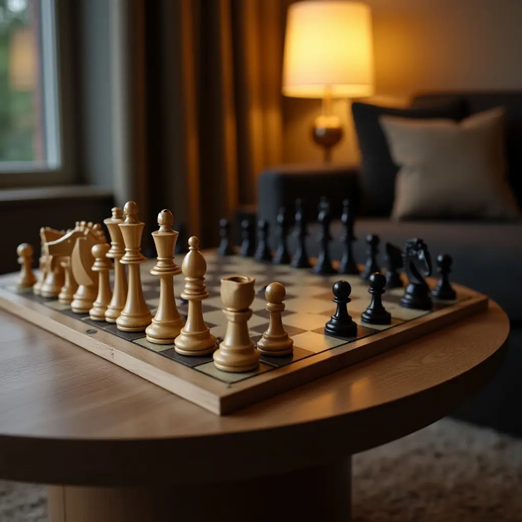 a photo of a classic chess set displayed on a coffee table
