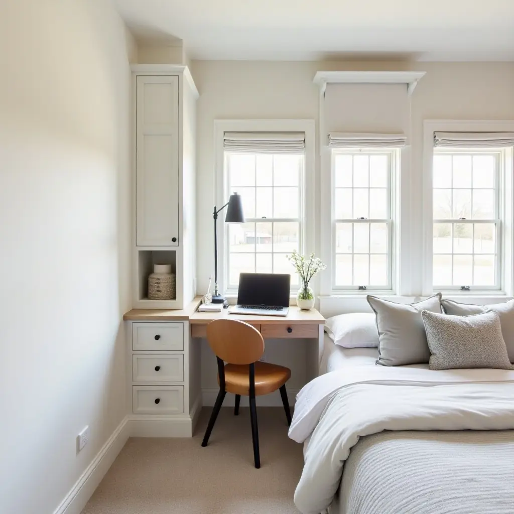 a photo of a farmhouse bedroom featuring a stylish desk nook for work or study