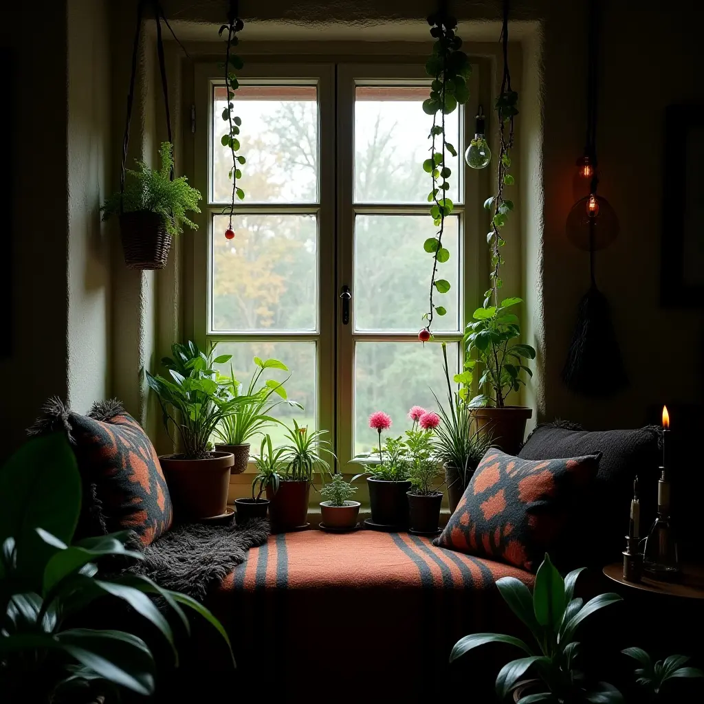 a photo of a window seat surrounded by plants and witchy decor