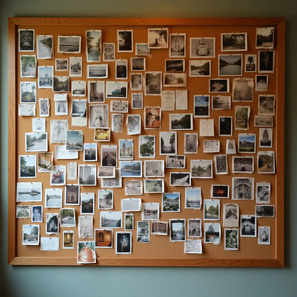 a photo of a large corkboard covered with photos and postcards