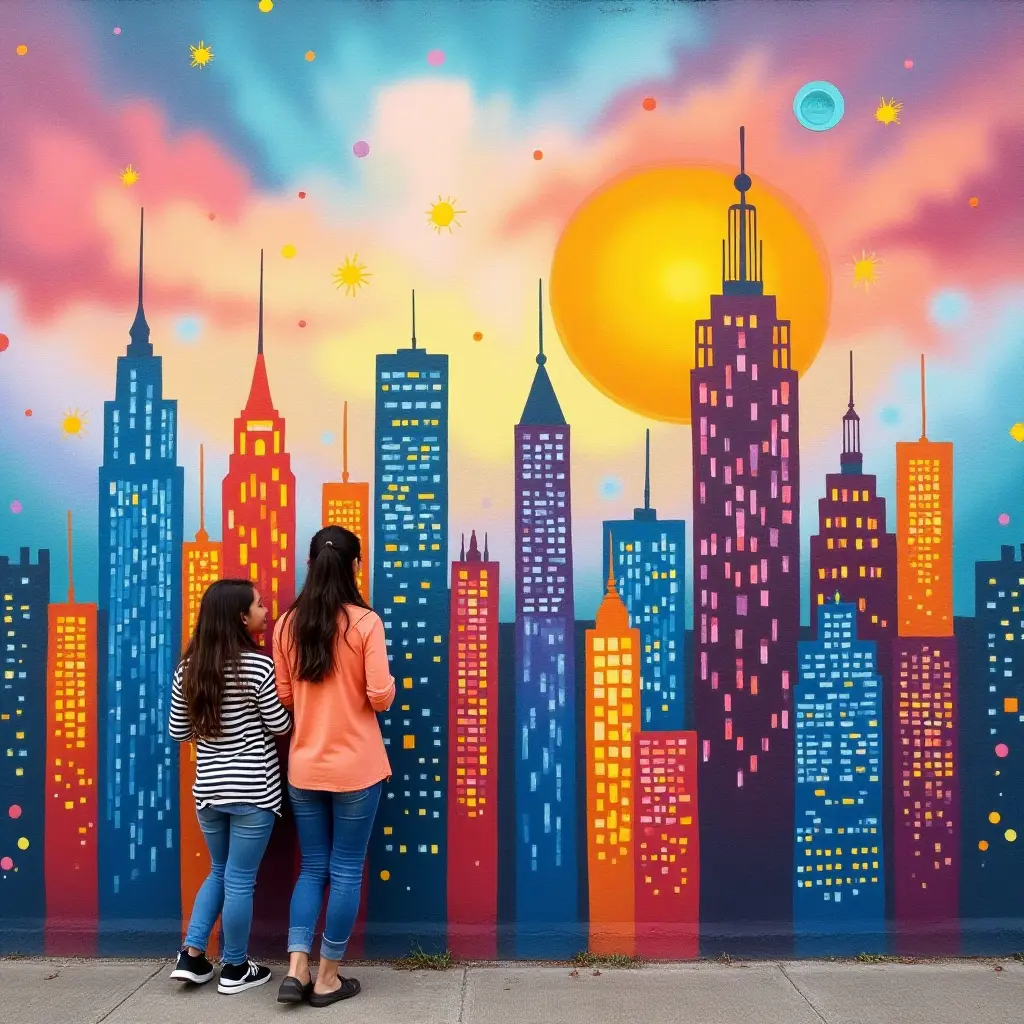 a photo of a colorful city skyline mural for young dreamers
