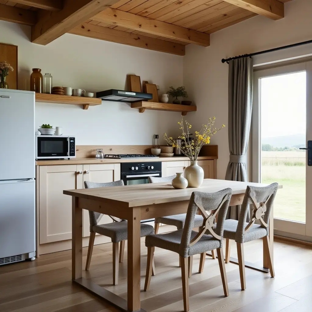 a photo of a small kitchen with a rustic dining set and natural elements