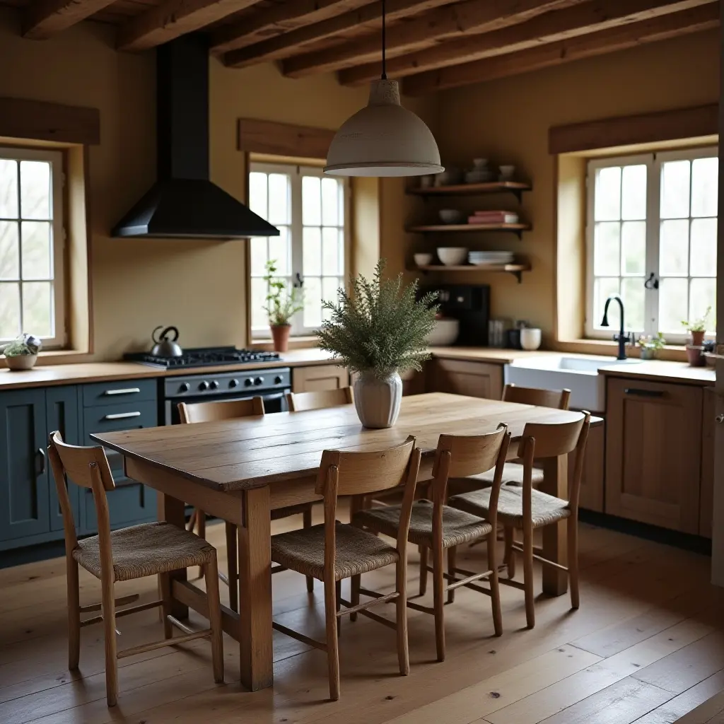 a photo of a rustic kitchen with a wooden dining table and mismatched chairs