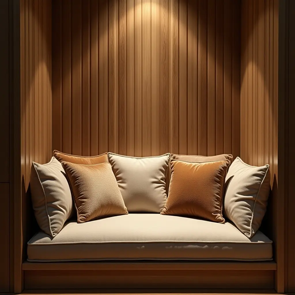 a photo of a cozy reading nook with metallic accents in cushions and lighting