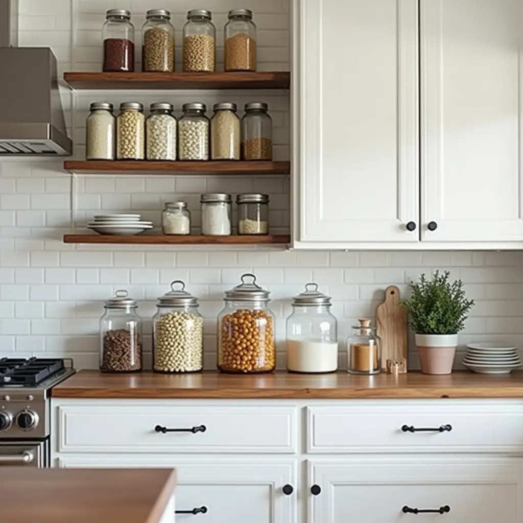a photo of a kitchen with mason jar storage and vintage canisters