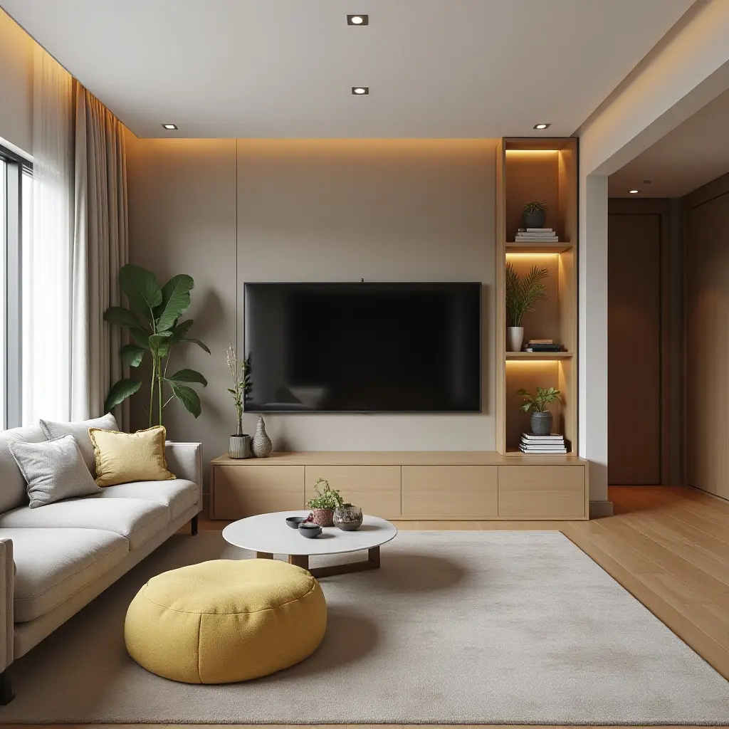 a photo of a family-friendly TV room with a play area and stylish decor