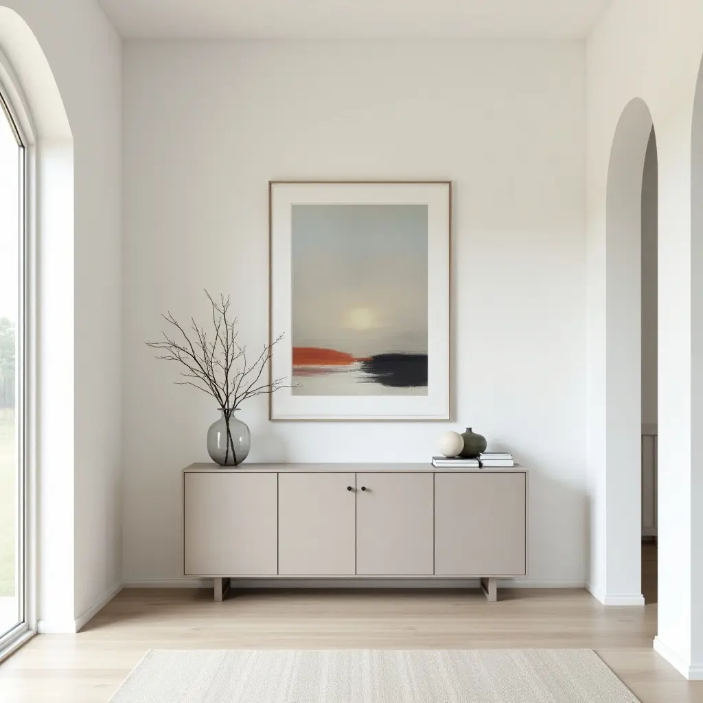 a photo of a minimalist foyer with a sleek console table and abstract art