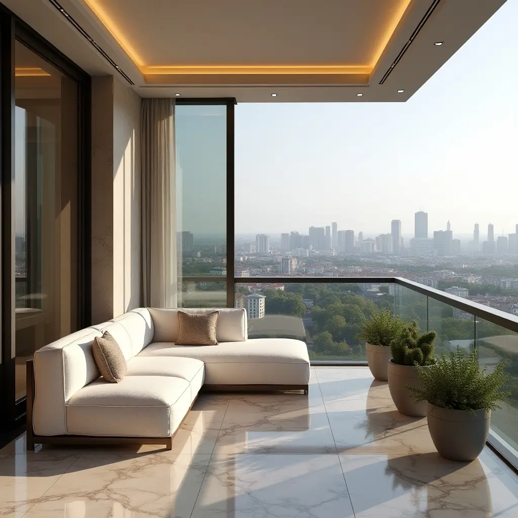 a photo of a luxurious balcony overlooking the city with marble elements and plush seating