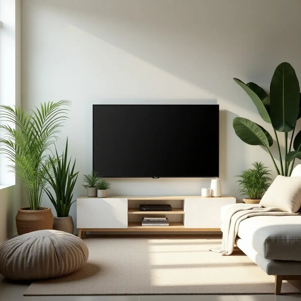 a photo of a serene TV room with natural light and indoor plants