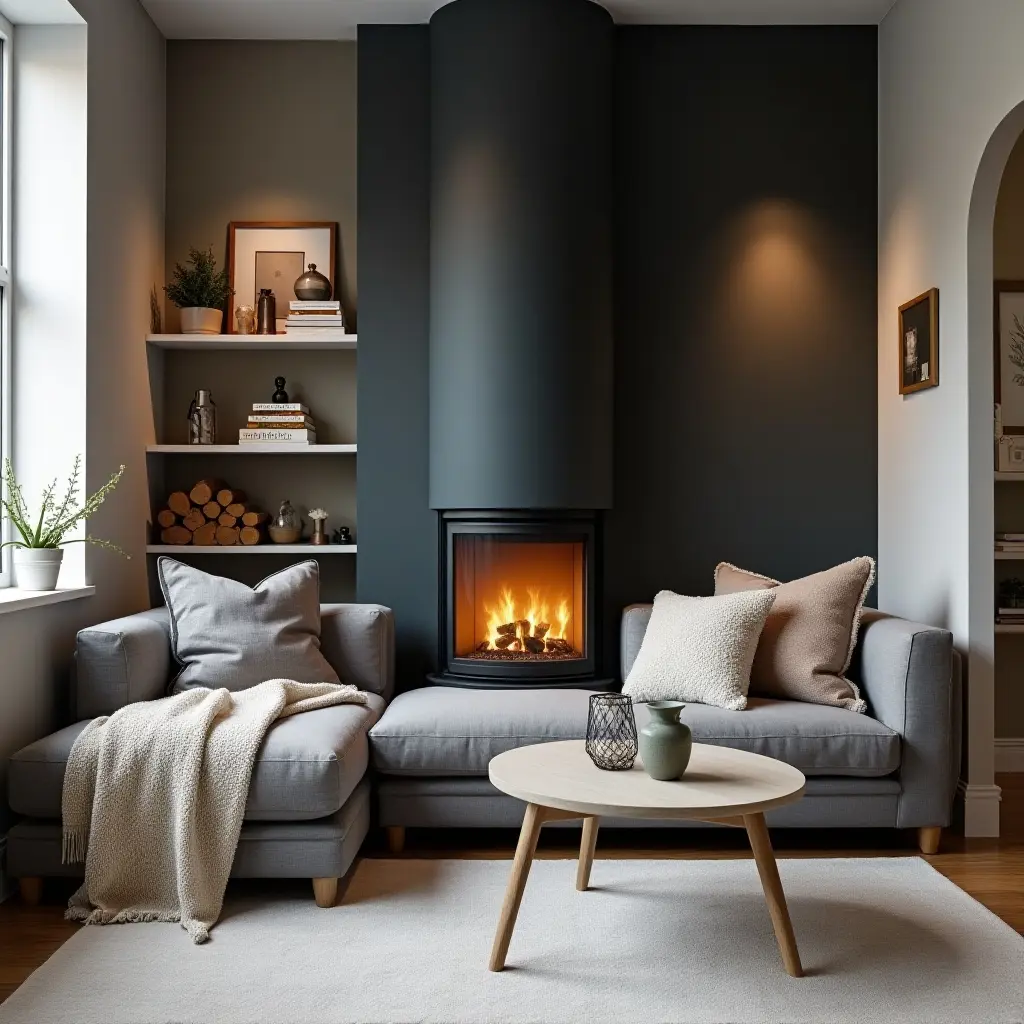 a photo of a grey sofa in a cozy nook with a fireplace and plush throws