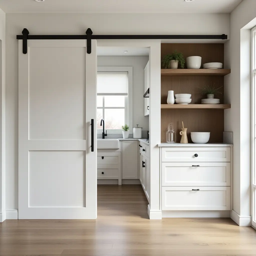 a photo of a kitchen with a sliding barn door and open shelving