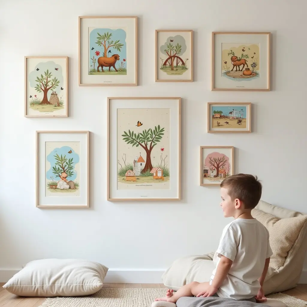 a photo of a gallery wall showcasing a child's favorite hobbies and interests