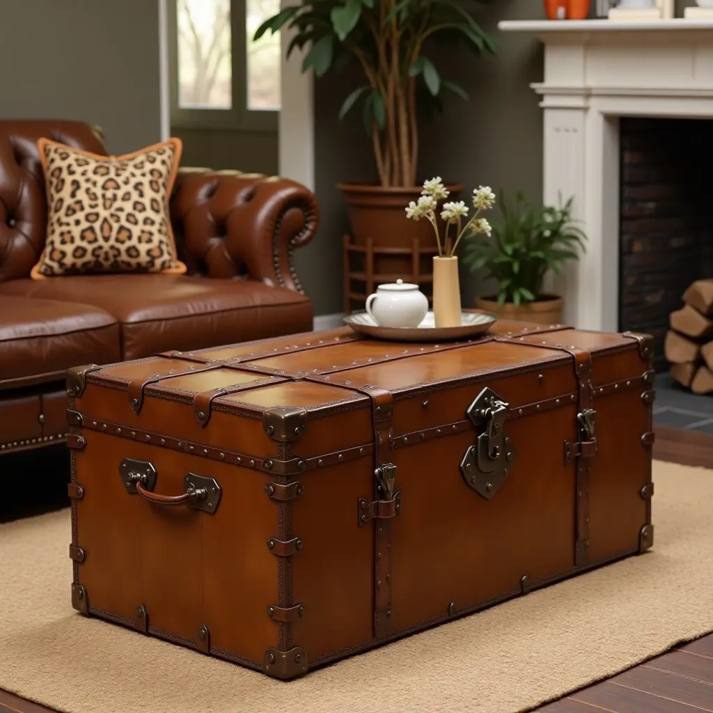 a photo of a vintage leather trunk used as a coffee table