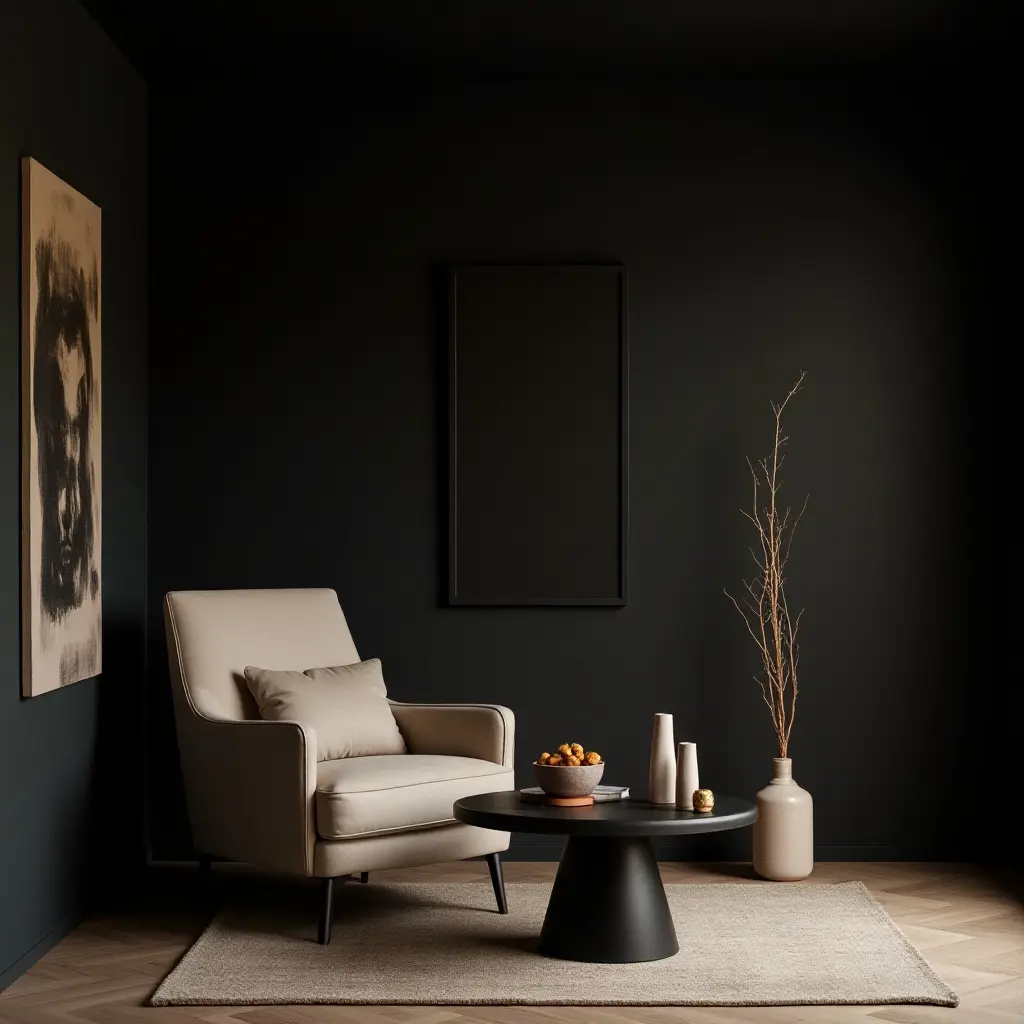 a photo of a stylish retreat featuring a dark color palette and elegant accessories