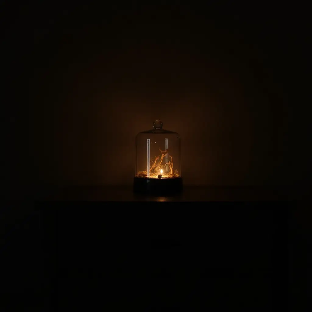 a photo of a nightstand with a small terrarium glowing softly in the dark
