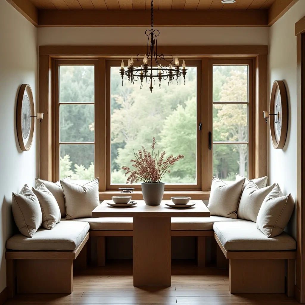a photo of a cozy breakfast nook with rustic wood accents and cushions