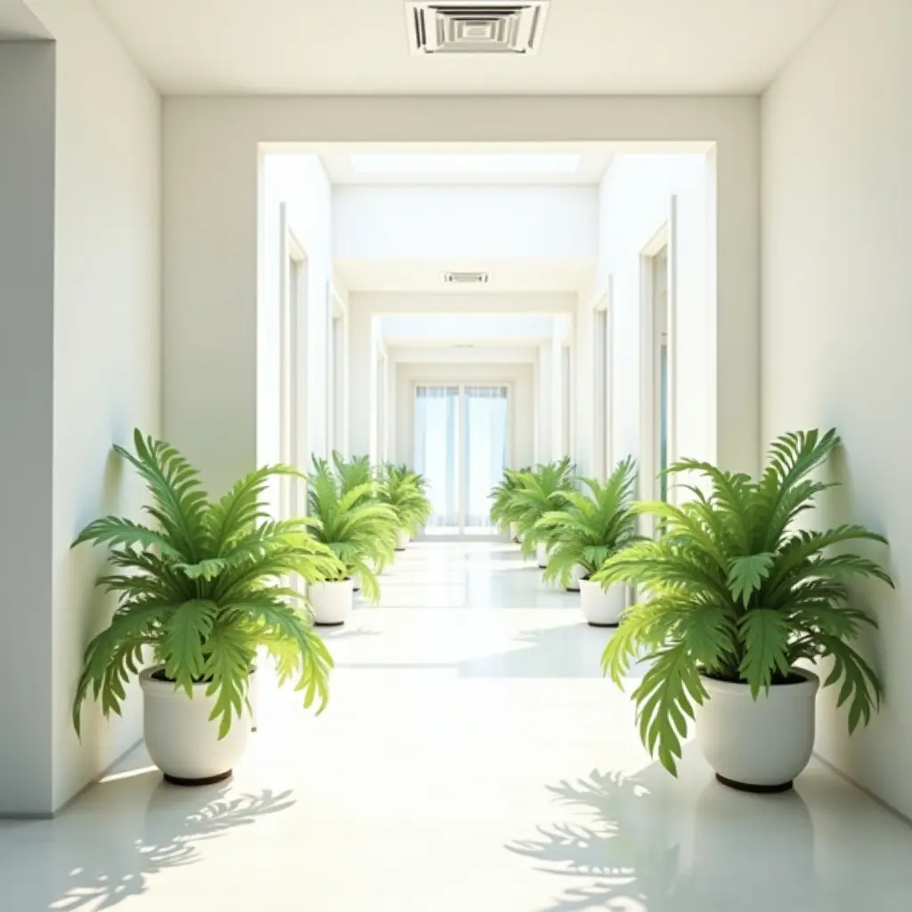 a photo of a bright corridor with white walls and vibrant green plants