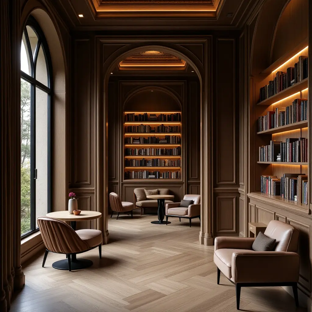 a photo of a library with a mirrored reading area