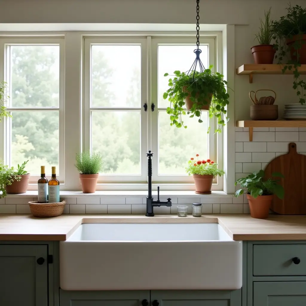 a photo of a cozy kitchen featuring a farmhouse sink and hanging herbs