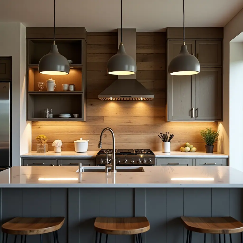 a photo of a kitchen with a reclaimed wood backsplash and pendant lights