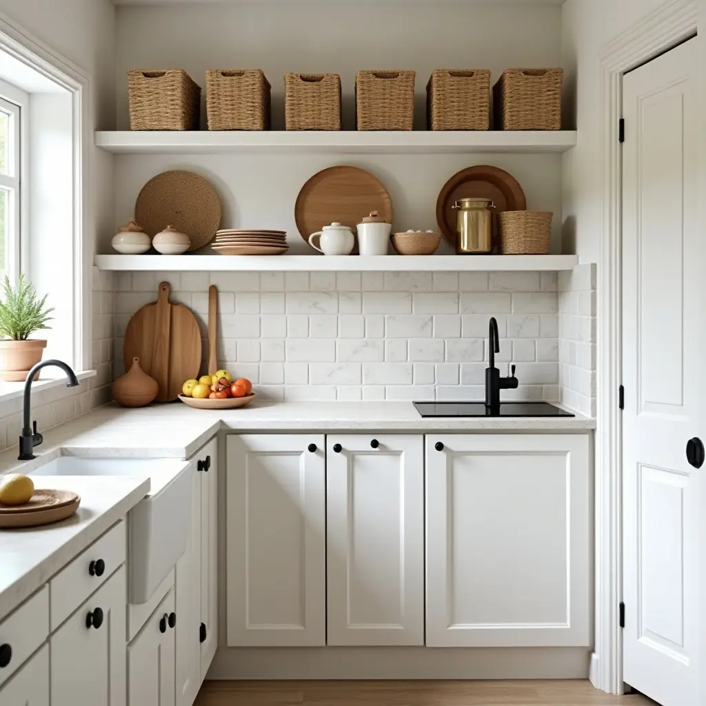 a photo of a small kitchen with woven baskets for storage and decor