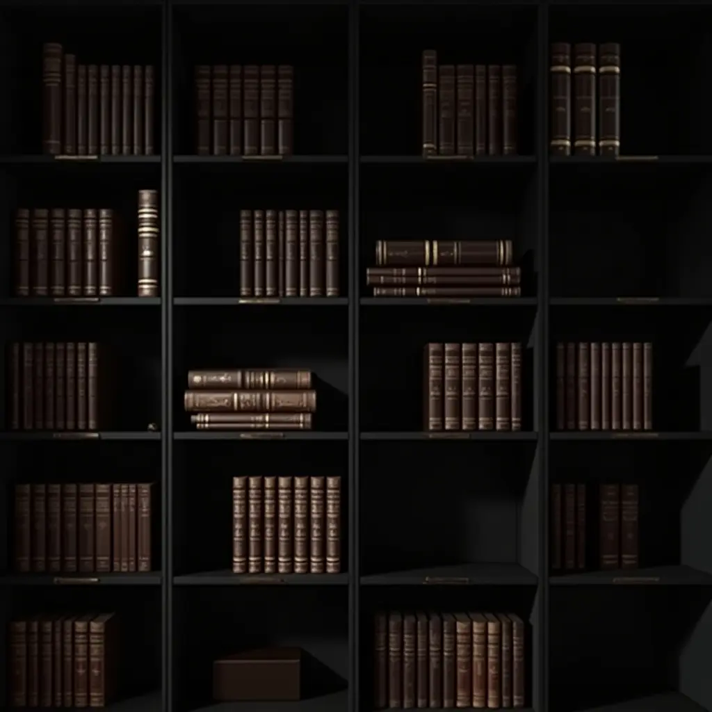 a photo of a sleek black bookshelf filled with leather-bound books