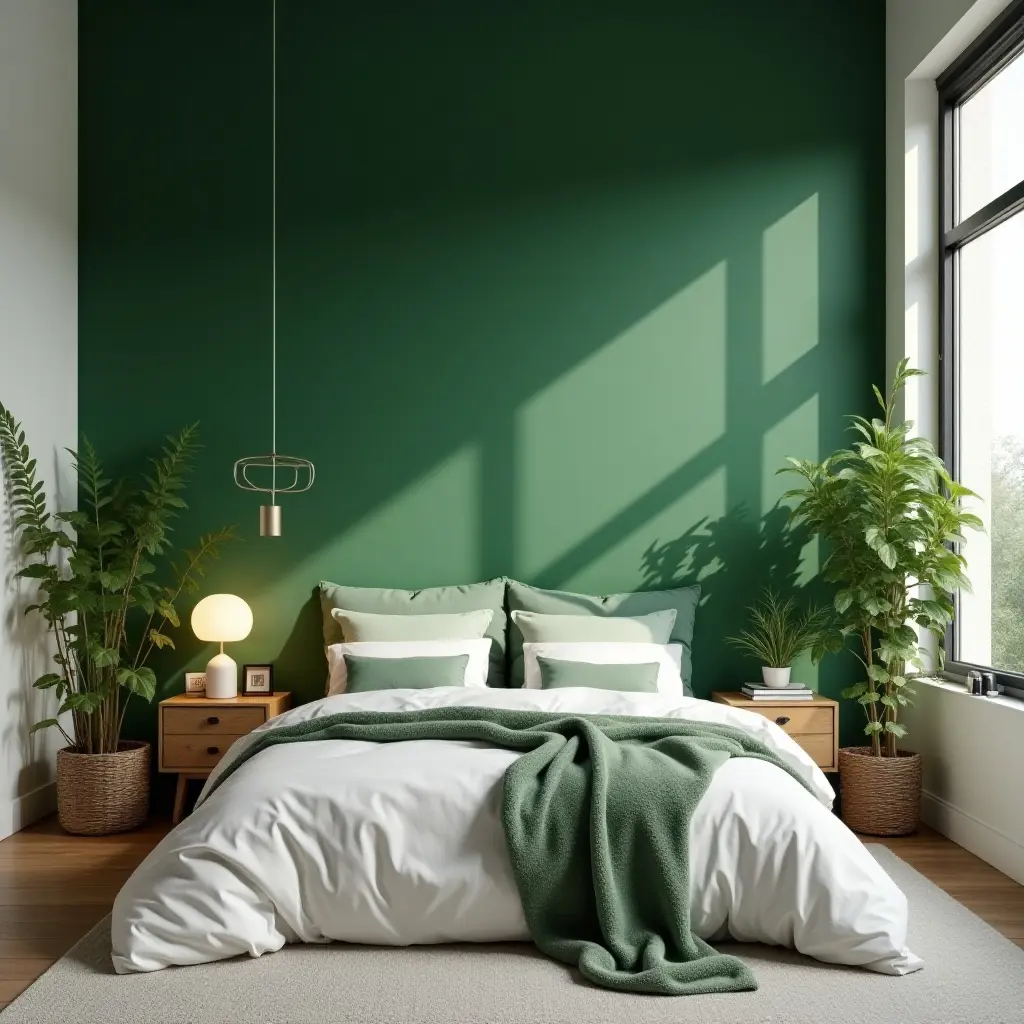 a photo of a bedroom with a green accent wall and plants