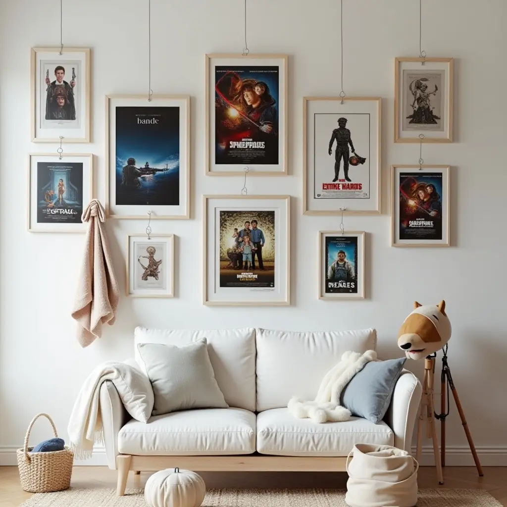 a photo of a gallery wall showcasing a child's favorite movie posters