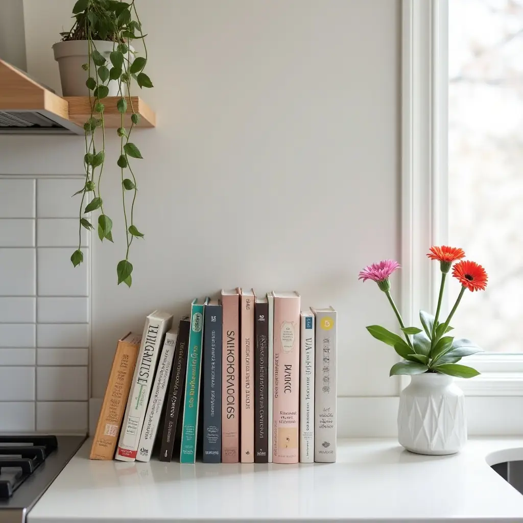 a photo of a countertop displaying a curated collection of cookbooks and decor