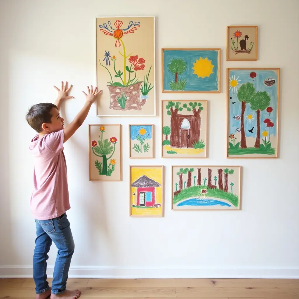 a photo of a colorful gallery wall featuring children's artwork and photographs