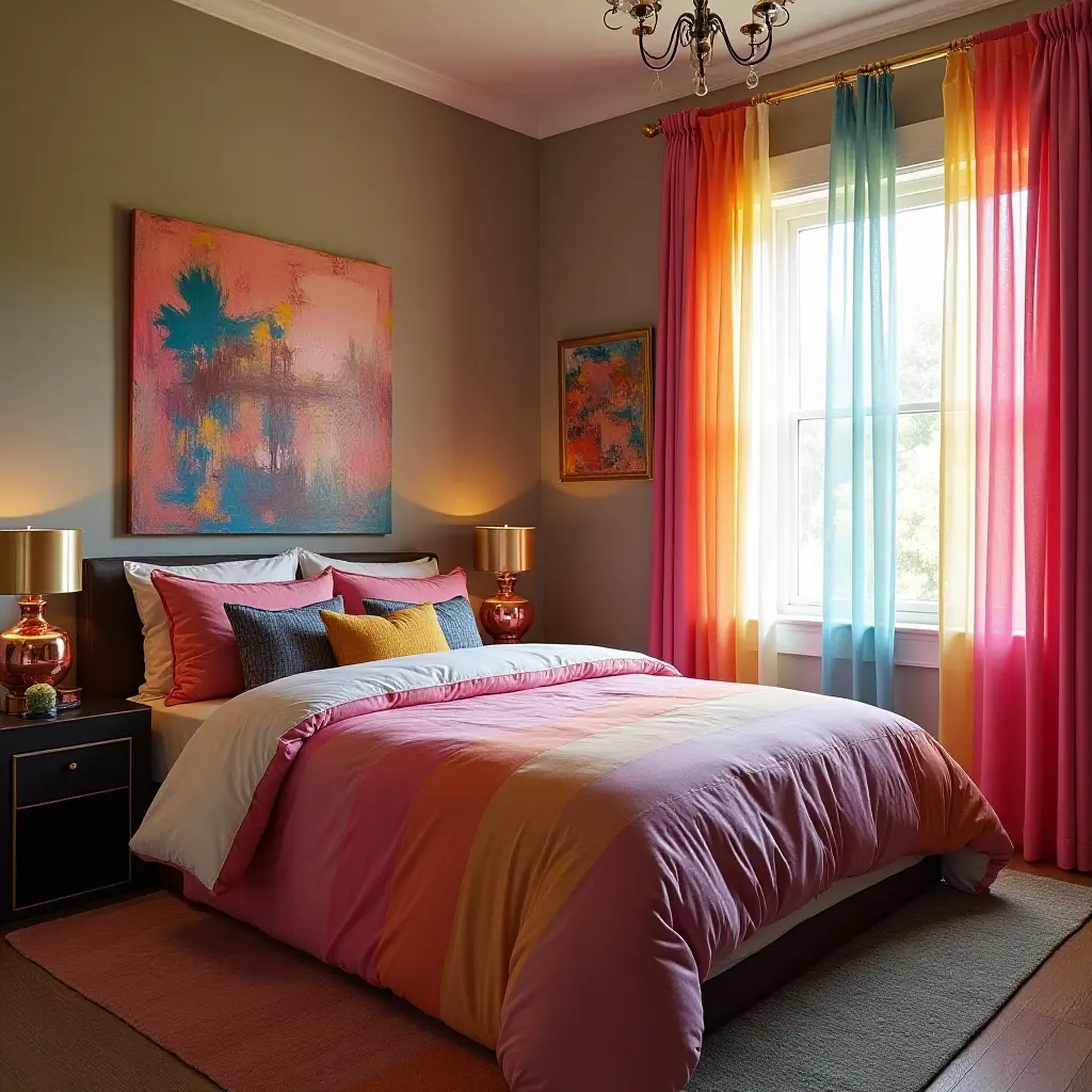 a photo of a colorful bedroom with metallic accents on bedding and curtains
