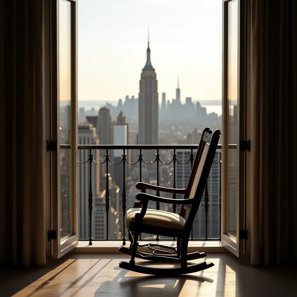 a photo of an antique rocking chair overlooking a city view from a balcony