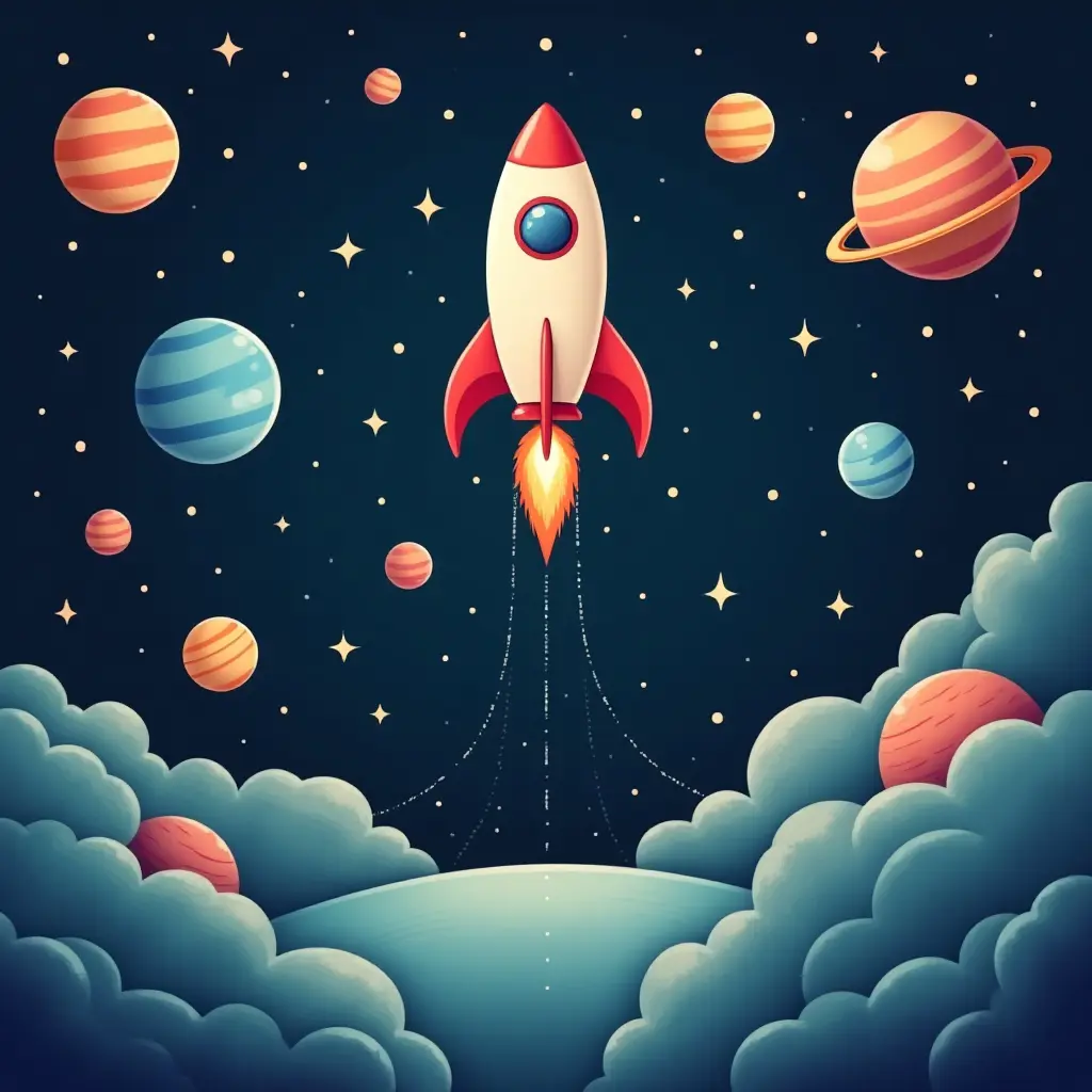 a photo of a fun outer space theme with planets and rockets