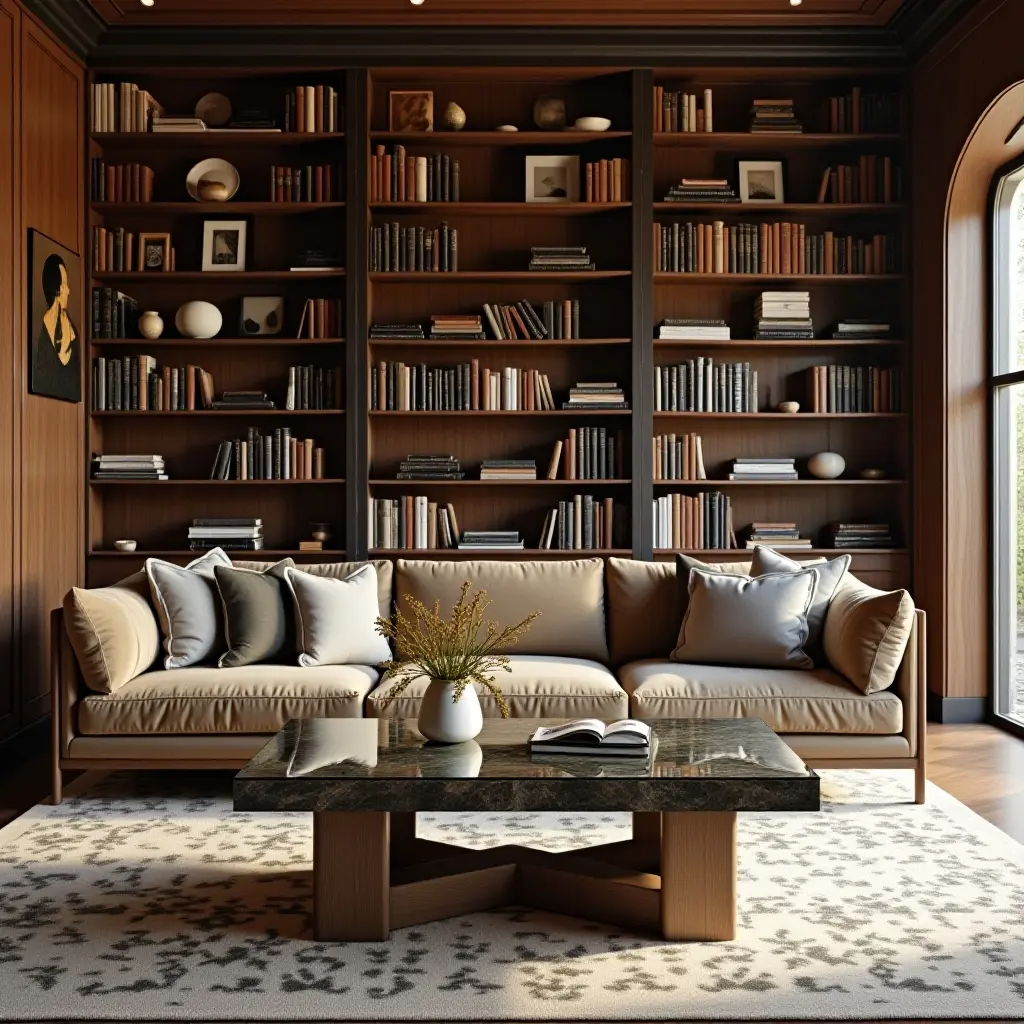 a photo of a library with a mirrored coffee table